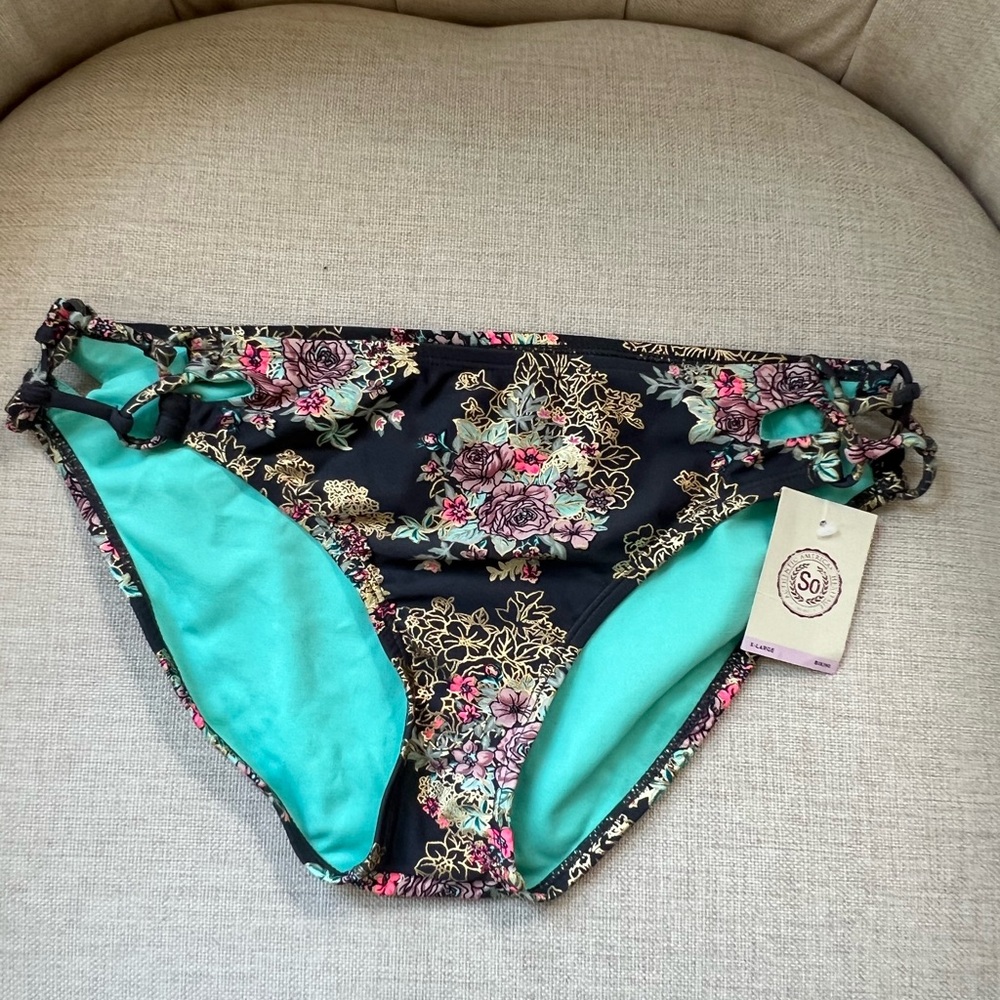 Authentic American Heritage Floral Bikini Bottom - Black and Teal